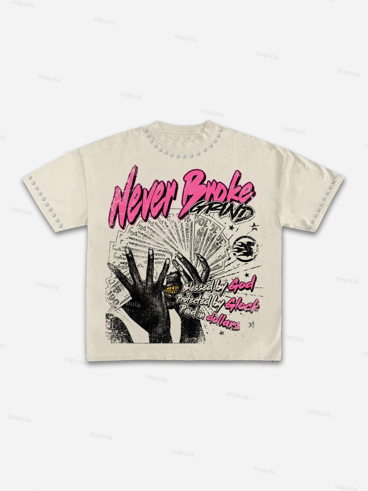 Never Broke God Glock Dollar Vintage Rhinestone Graphic Cotton T-shirt Product Image