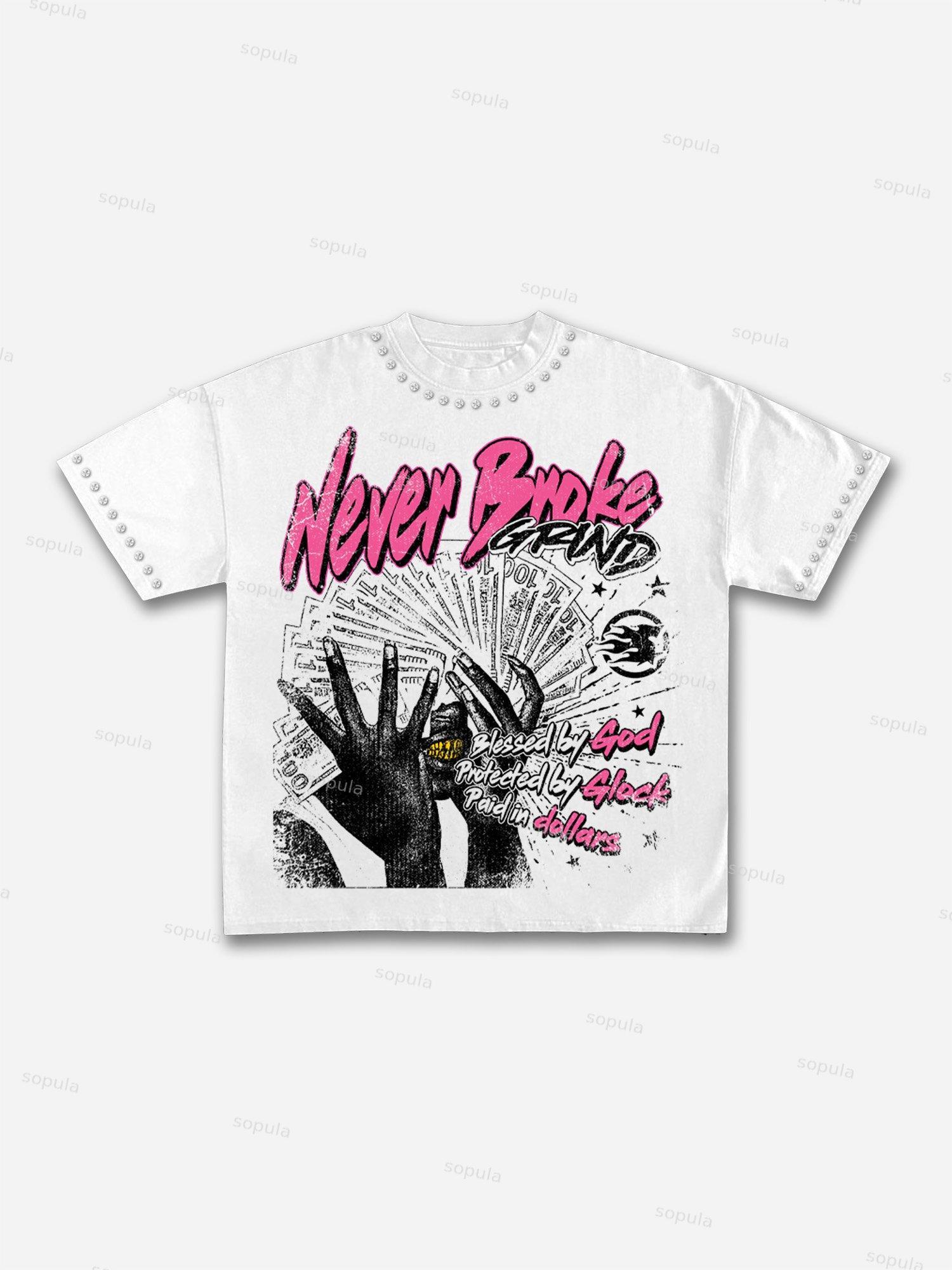 Never Broke God Glock Dollar Vintage Rhinestone Graphic Cotton T-shirt Product Image