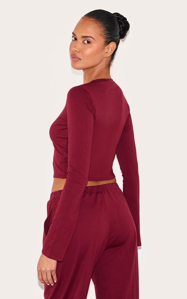 Burgundy Cotton Long Sleeve Crew Neck Top Product Image
