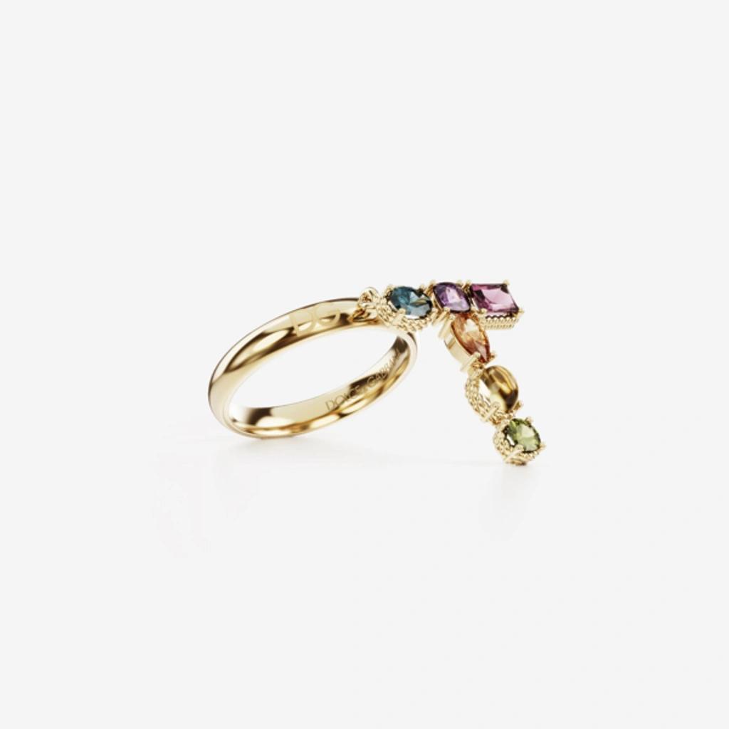 DOLCE & GABBANA Rainbow Alphabet T Ring In Yellow Gold With Multicolor Fine Gems Product Image
