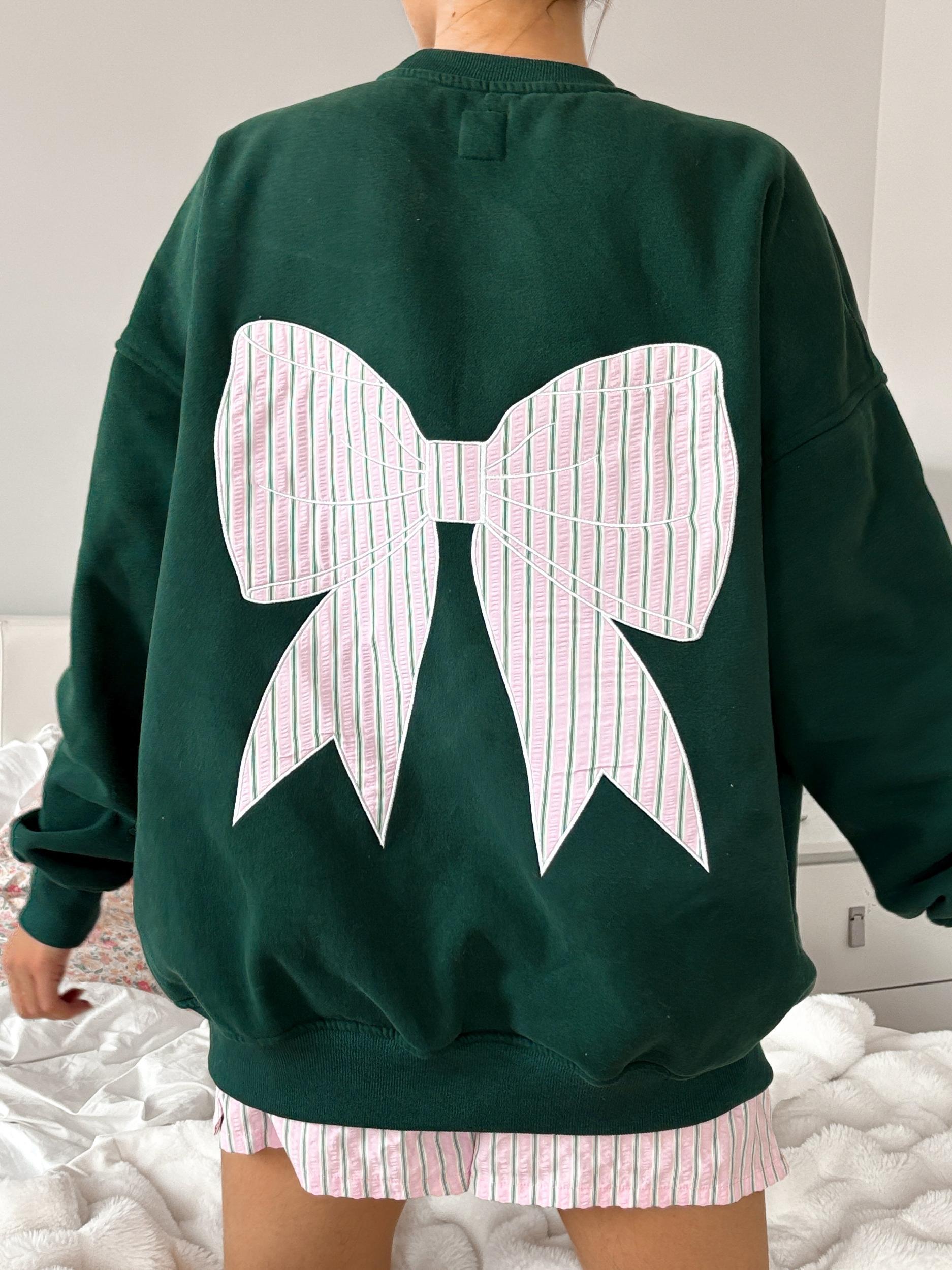 Winter Green Stripe Bow Embroider Sweatshirt Product Image