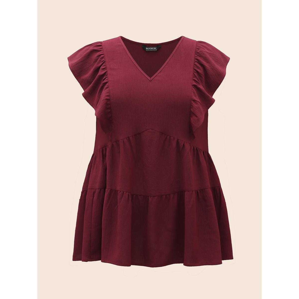 Plus Size Burgundy Solid Layered Hem Ruffle Cap Sleeve Blouse Women Elegant Cap Sleeve V-neck Everyday Blouses BloomChic 14-16/1X Product Image