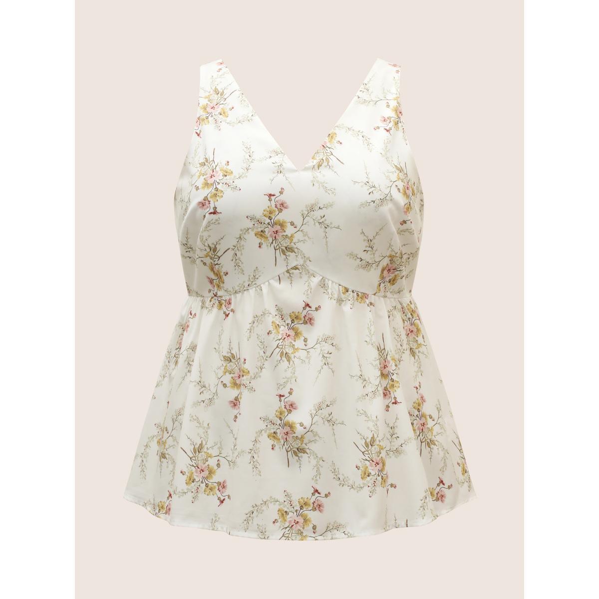 Plus Size V Neck Floral Print Adjustable Straps Cami Top Women Originalwhite Elegant Contrast V-neck Everyday Tank Tops Camis BloomChic 18-20/2X Product Image