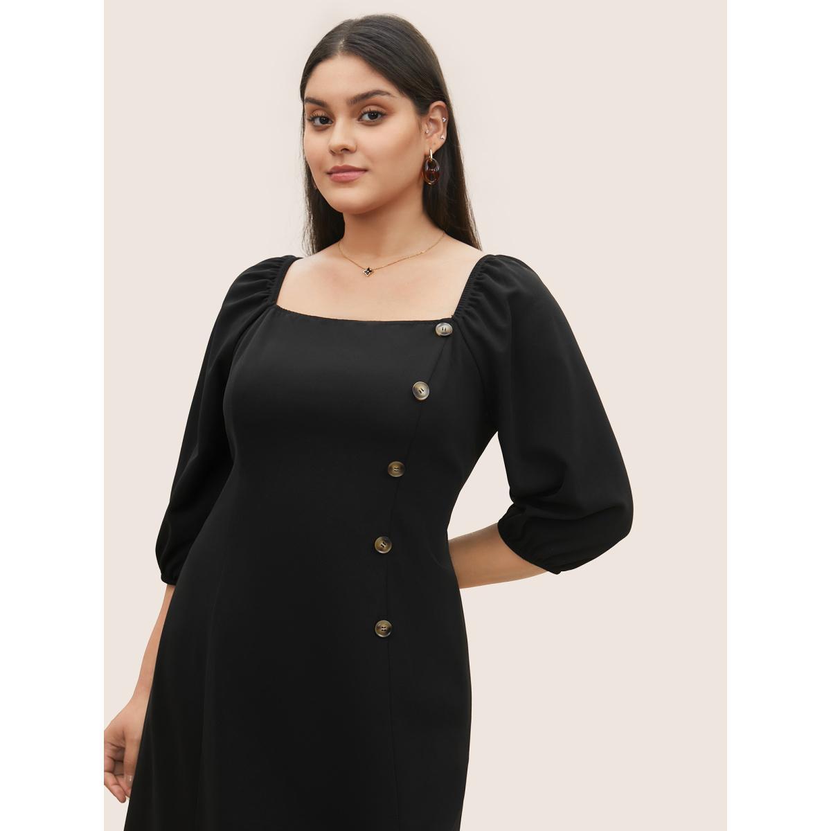 Plus Size Square Neck Button Detail Gathered Split Side Dress Black Women Workwear Essentials Non Square Neck Elbow-length sleeve Curvy Midi Dress BloomChic 26/4X Product Image