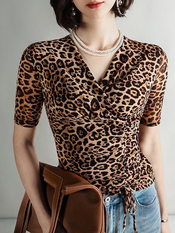 Half Sleeves Skinny Leopard Pleated V-Neck T-Shirts Tops Product Image