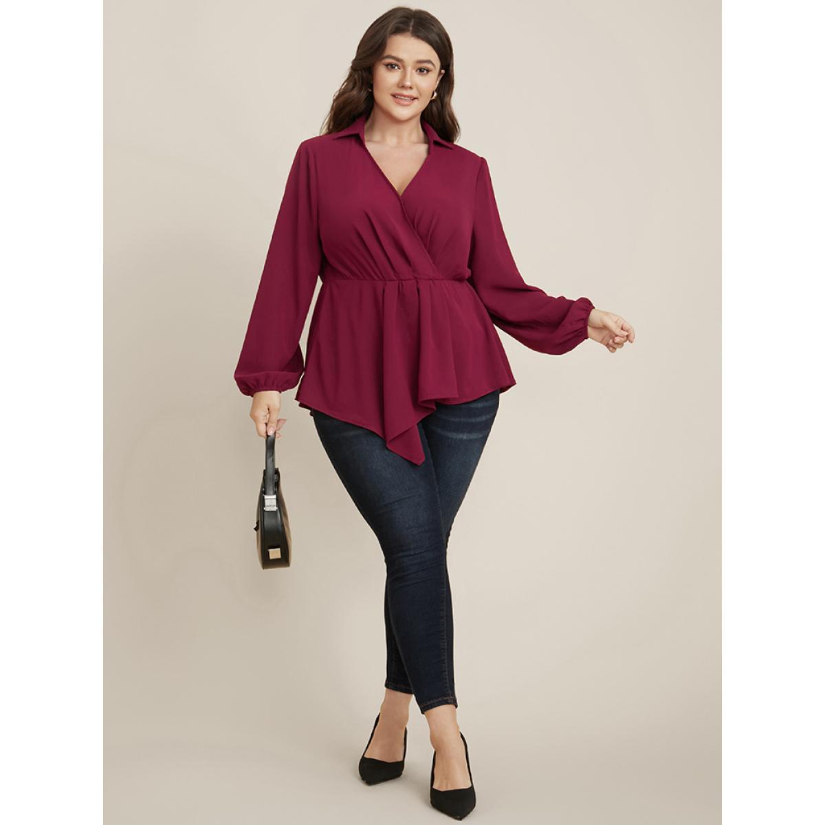 Plus Size Scarlet Solid Lantern Sleeve Surplice Neck Asymmetrical Hem Blouse Women Office Long Sleeve V-neck Work Blouses BloomChic 12/L Product Image