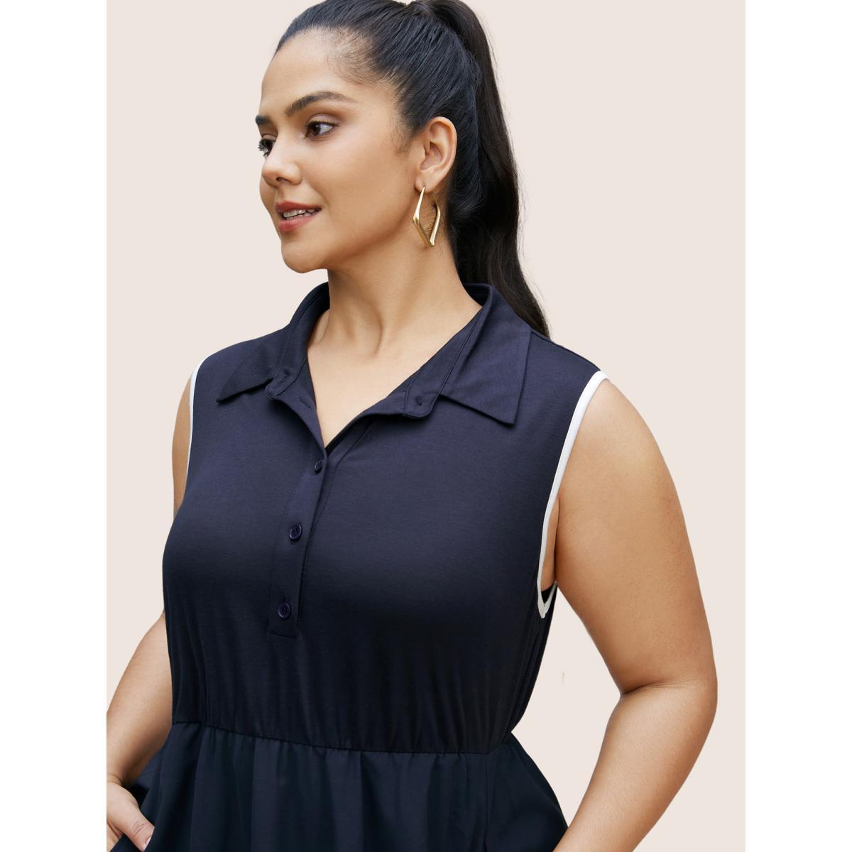 Plus Size Shirt Collar Contrast Trim Button Up Dress Navy Women Casual Contrast Shirt collar Sleeveless Curvy BloomChic 18-20/2X Product Image