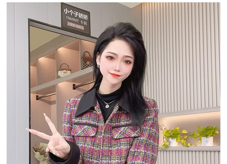 Collar Plaid Tweed Button Jacket Product Image