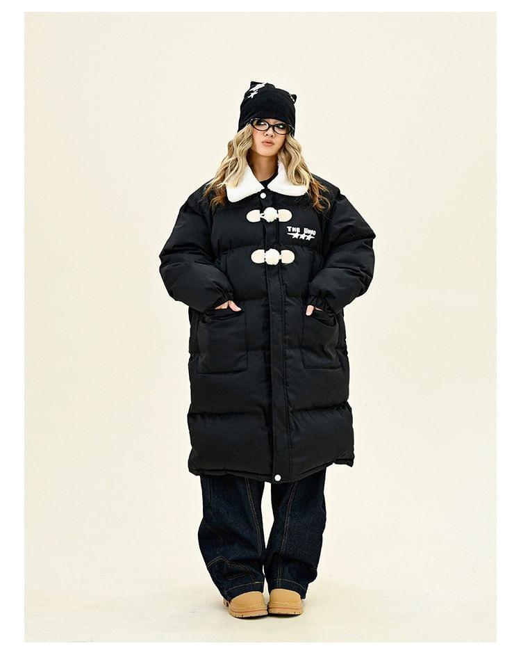 Collared Two Tone Lettering Long Puffer Coat Product Image