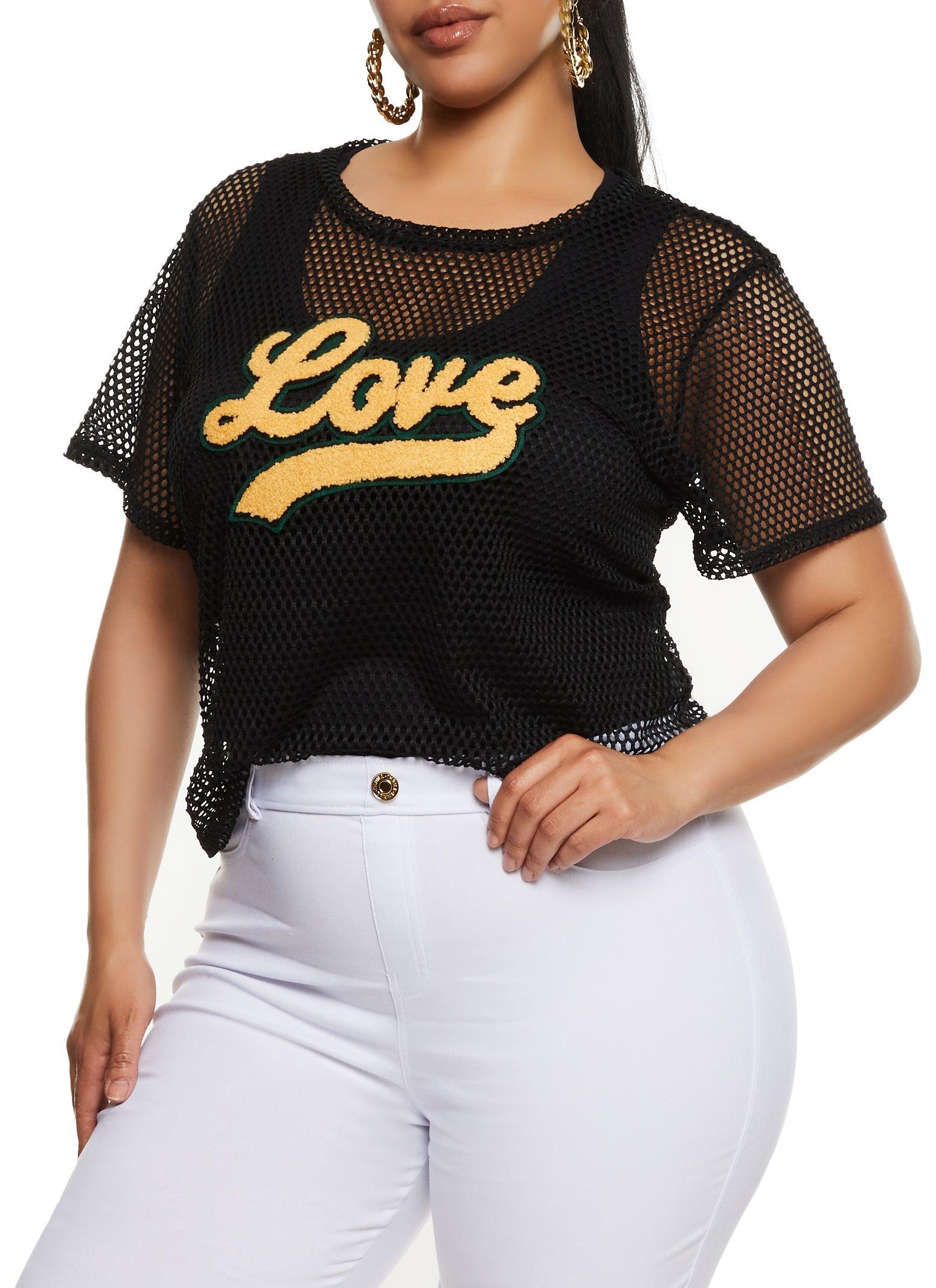 Womens Plus Size Love Graphic Patch Fishnet Top Product Image