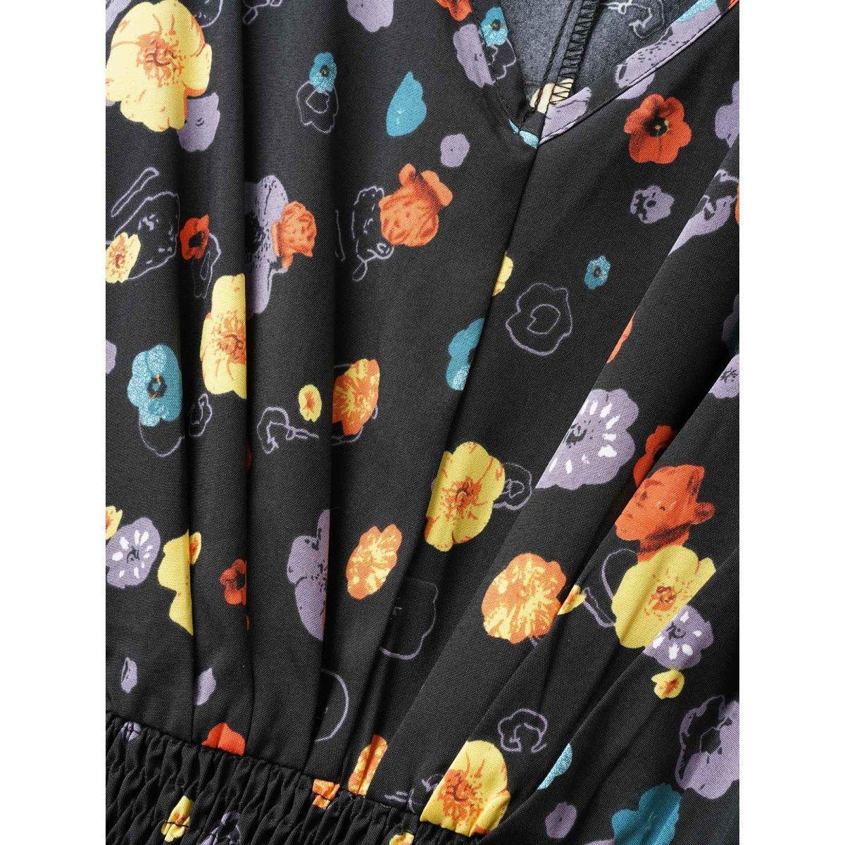 Plus Size Floral Printed Pocket V Neck Shirred Split Hem Dress Black Women Elegant Non V-neck Short sleeve Curvy Midi Dress BloomChic 28/5X Product Image
