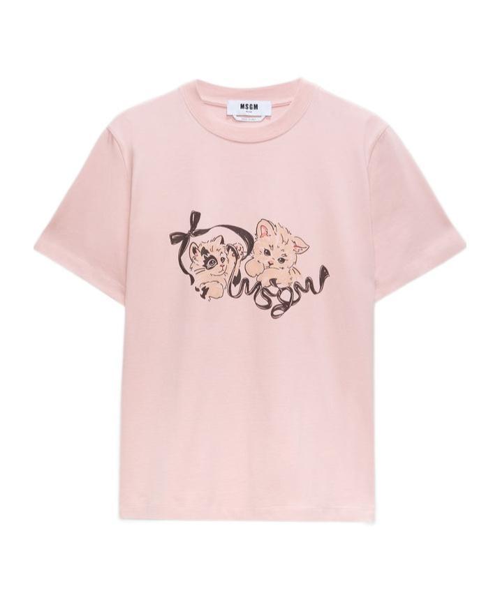 MSGM Cat-print Cotton T-shirt In Pink Product Image