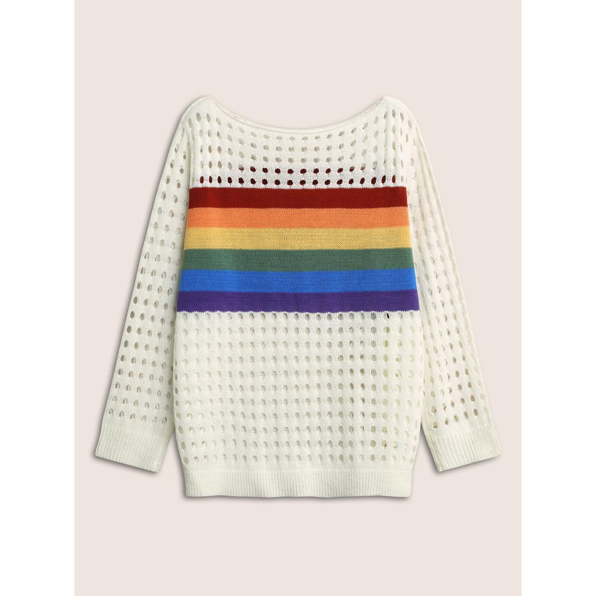 Plus Size Contrast Striped Boat Neck Cut Out Pullover White Women Resort Long Sleeve Boat Neck Vacation Pullovers BloomChic 10/M Product Image