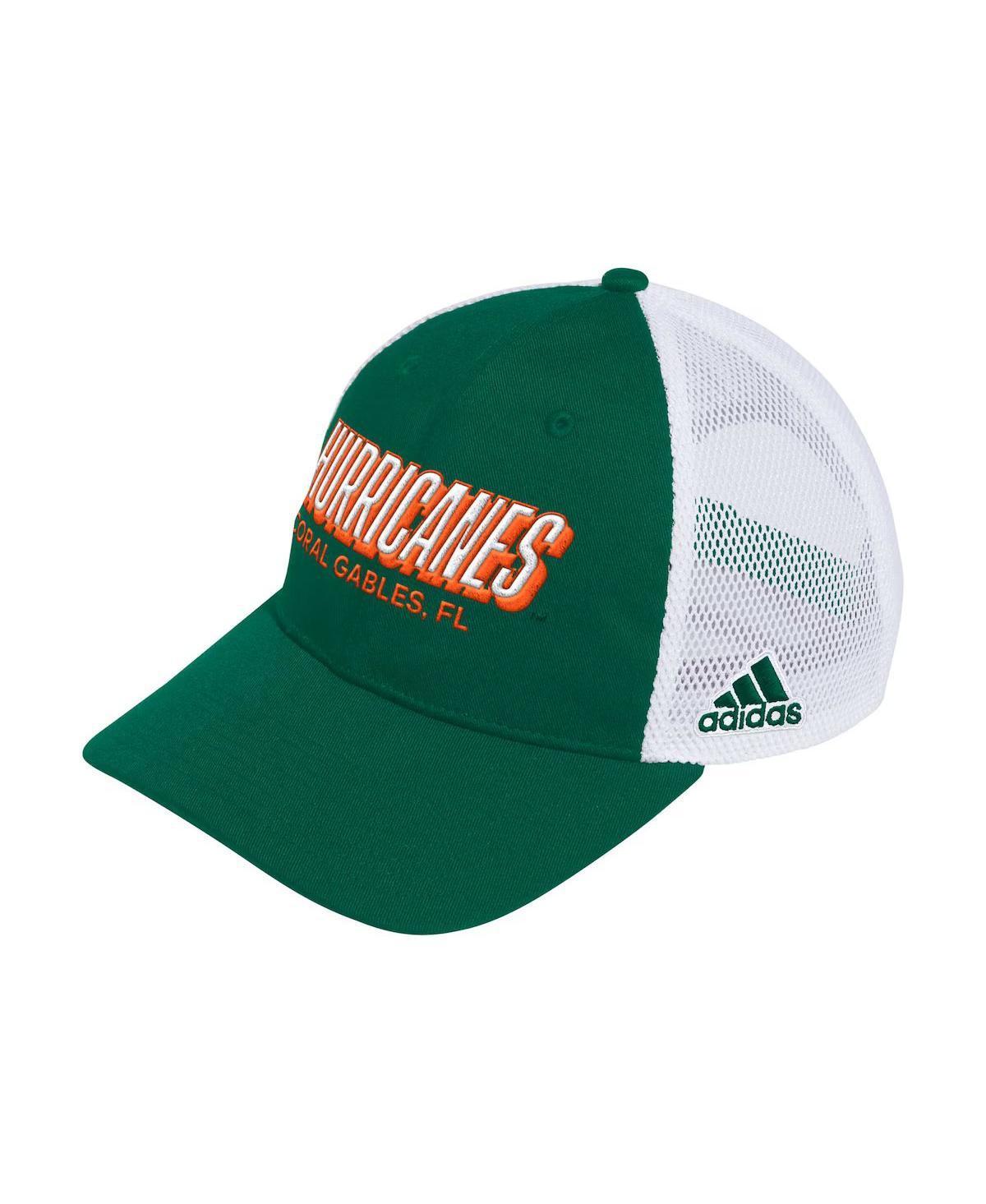 Men's adidas Green Miami Hurricanes Mascot Block Letter Slouch Trucker Adjustable Hat Product Image