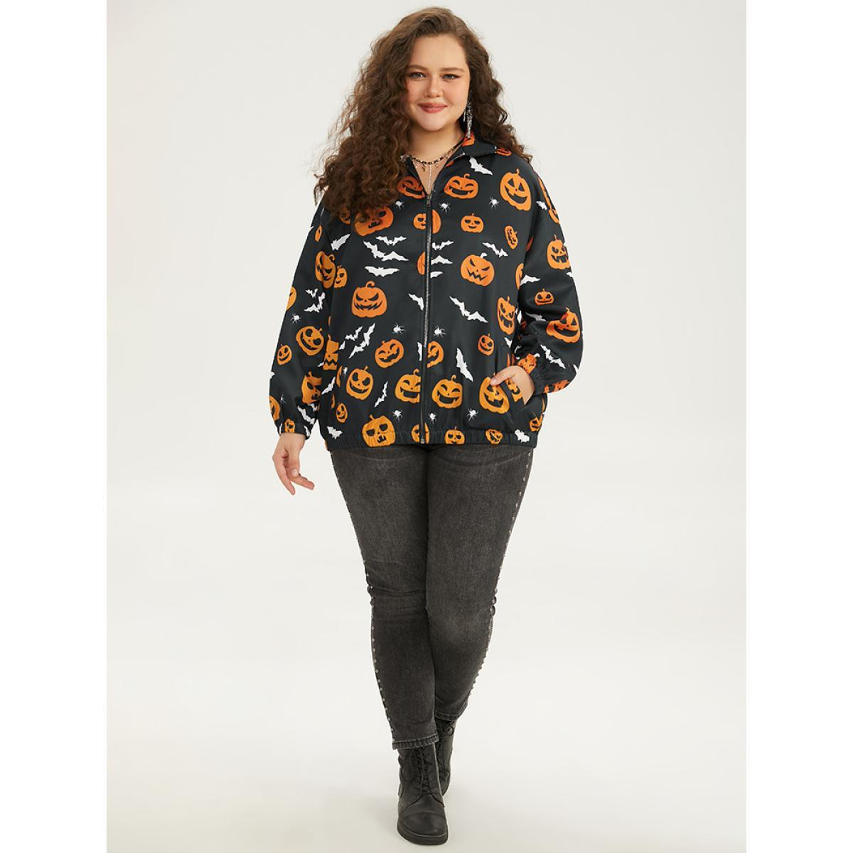 Plus Size Halloween Graphic Zipper Fly Pocket Coat Women Black Casual Elastic cuffs Ladies Dailywear Winter Coats BloomChic 22-24/3X Product Image
