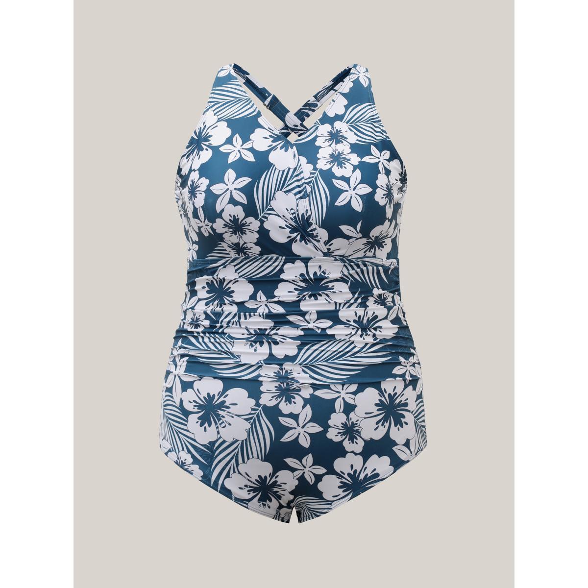 Plus Size Tropical Flower Print Gathered One-Piece Swimsuit Women's Swimwear Cerulean Beach Gathered Curve Bathing Suits High stretch One Pieces BloomChic 12/L Product Image