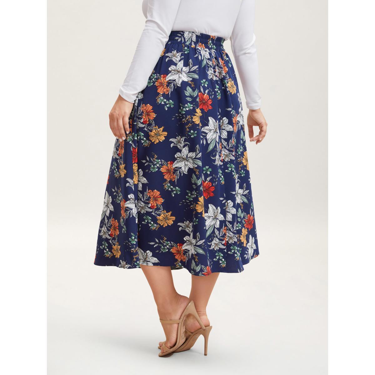 Plus Size Floral Print Drawstring Pleated Midi Skirt Women DarkBlue Elegant Bodycon Low stretch Slanted pocket Everyday Skirts BloomChic 18-20/2X Product Image