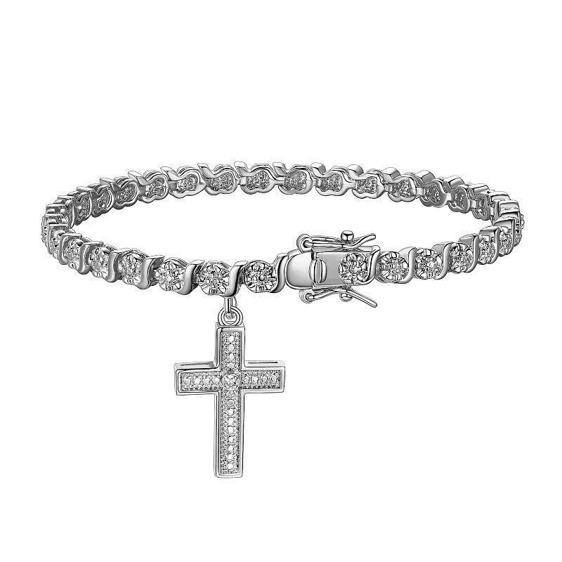 Sarafina Silver Tone Diamond Accent Cross Charm Bracelet, Women's, Size: 7.25", Silver Tone White Product Image