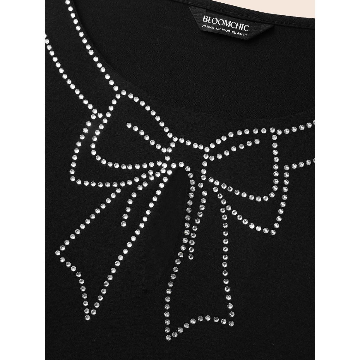 Plus Size Round Neck Bowknot Rhinestone Dress Black Women Resort Rhinestone detailing Round Neck Long Sleeve Curvy BloomChic 22-24/3X Product Image