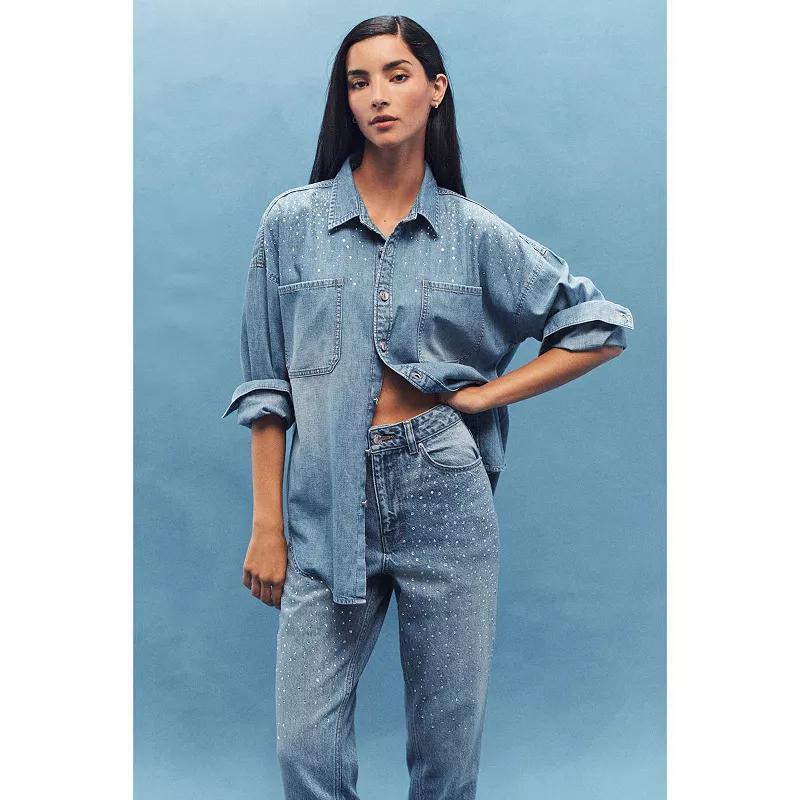 Women's NEXT Denim Diamante Shirt, Size: XL, Mid Blue Product Image