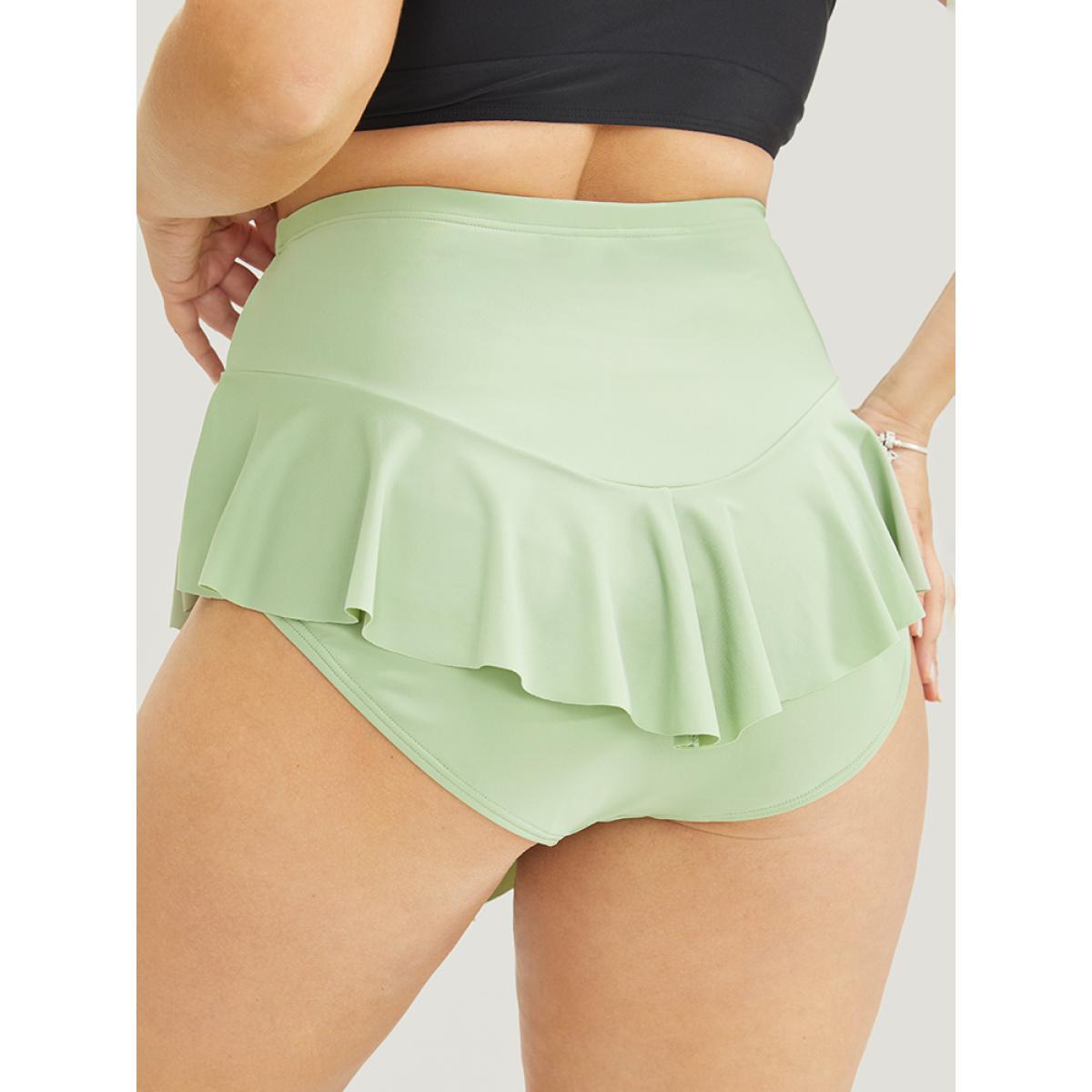 Plus Size Ruffle Trim Ruched Front Swim Bottom Women's Swimwear LightGreen Beach Non High stretch Bodycon High Rise Curve Swim Bottoms BloomChic 26/4X Product Image