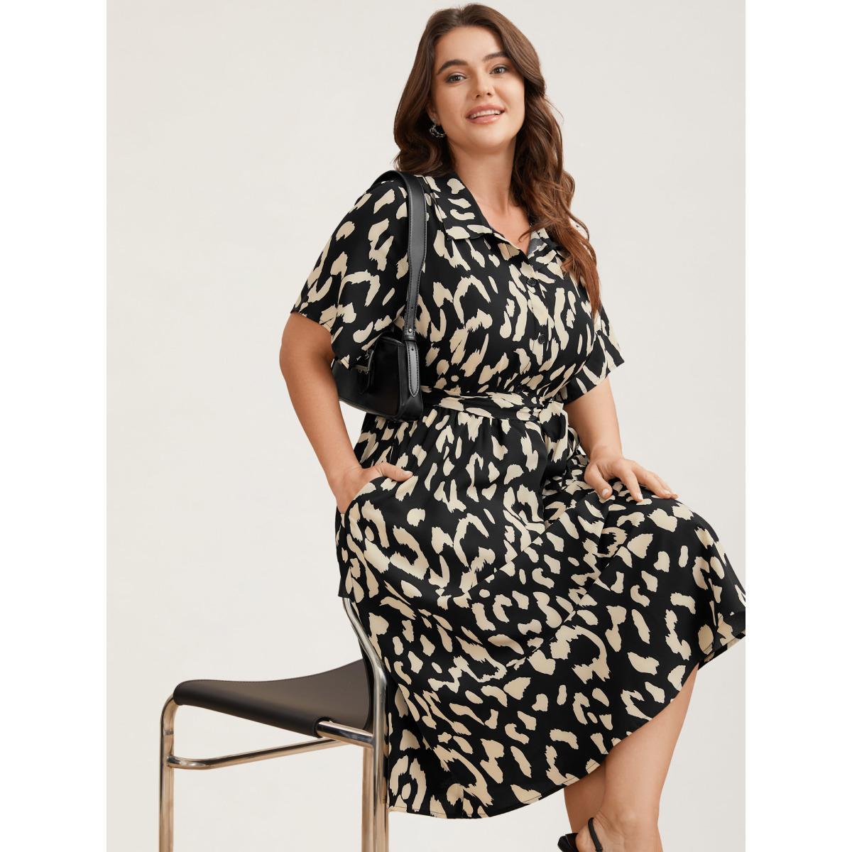 Plus Size Waist-Tie Pockets Shirt Collar Midi Dress Black Women At the Office Belted Shirt collar Short sleeve Curvy BloomChic 14-16/1X Product Image