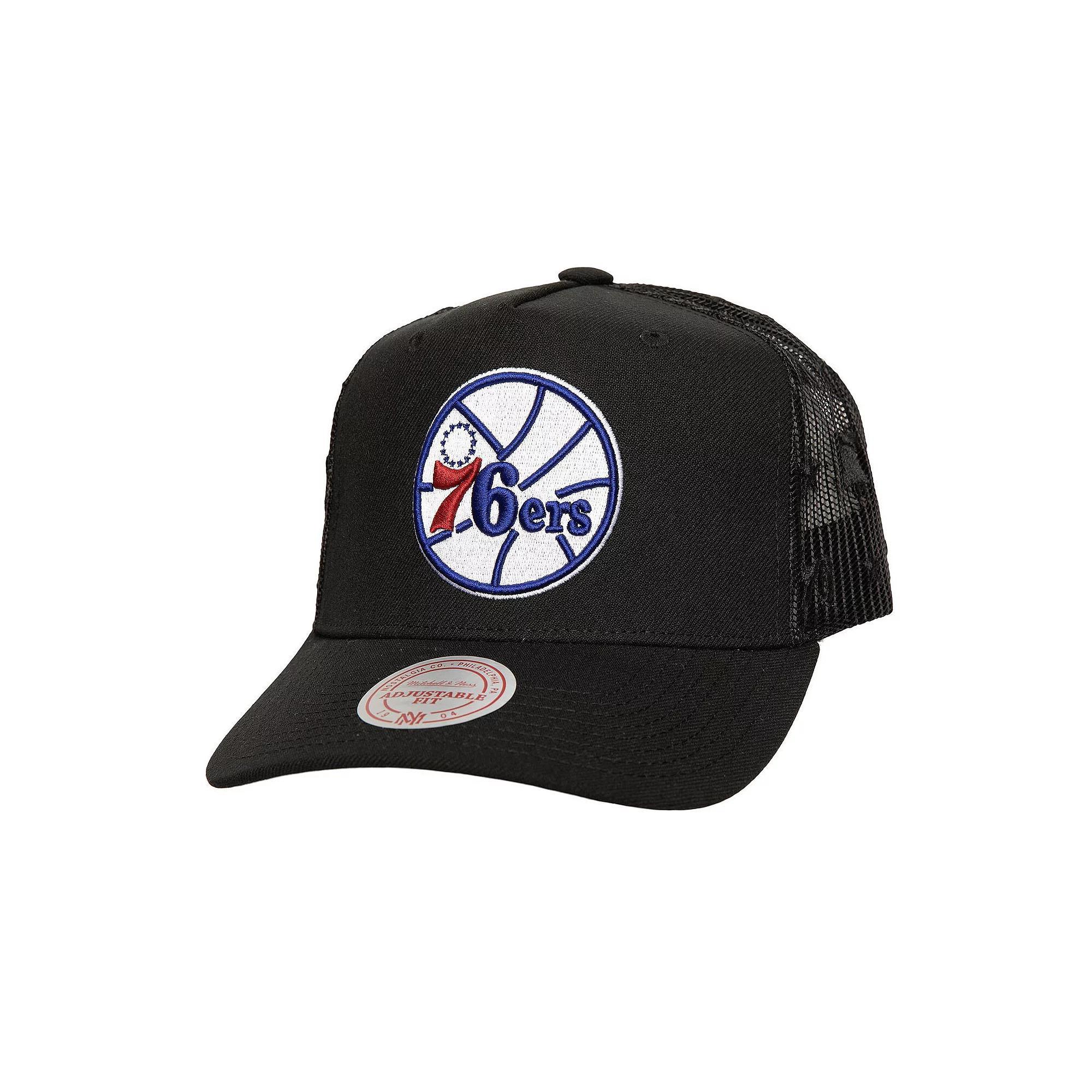 Mens Mitchell & Ness Black Philadelphia 76ers Monogram All-Over Logo Mesh Trucker Adjustable Hat Product Image