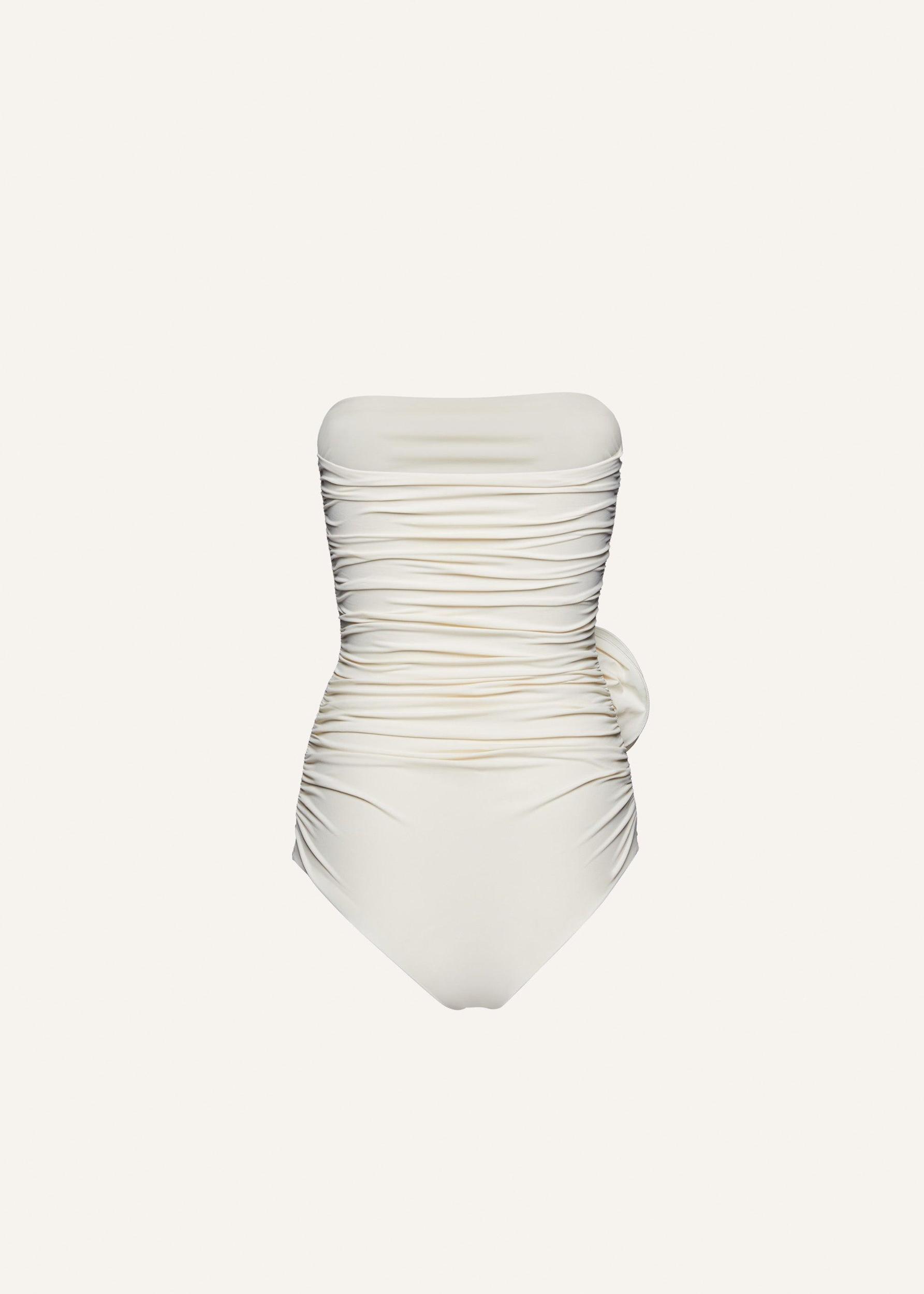 Flower appliqué strapless draped swimsuit in cream Product Image
