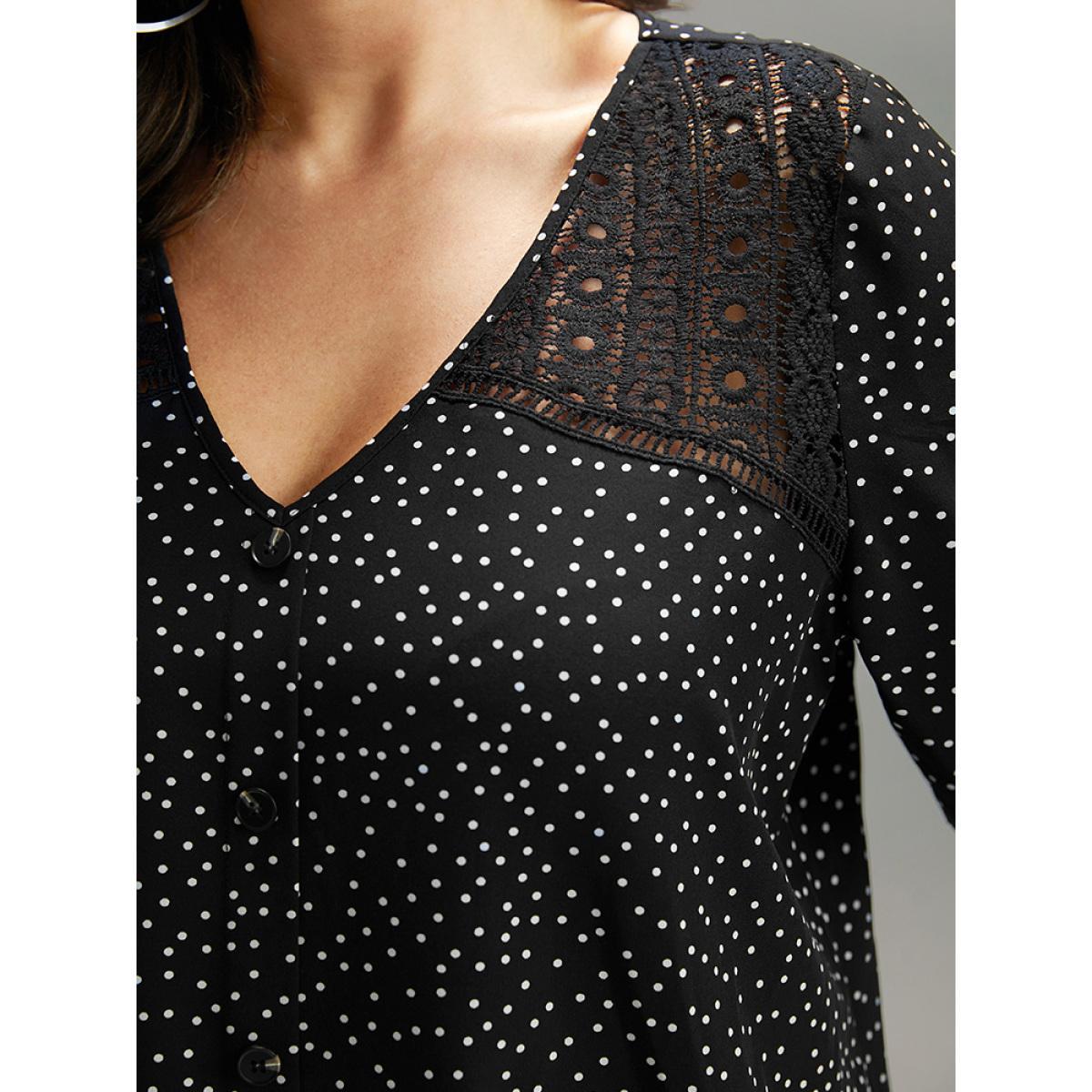 Plus Size Black Polka Dot Crochet Lace Button Detail Blouse Women Elegant Elbow-length sleeve V-neck Dailywear Blouses BloomChic 26/4X Product Image