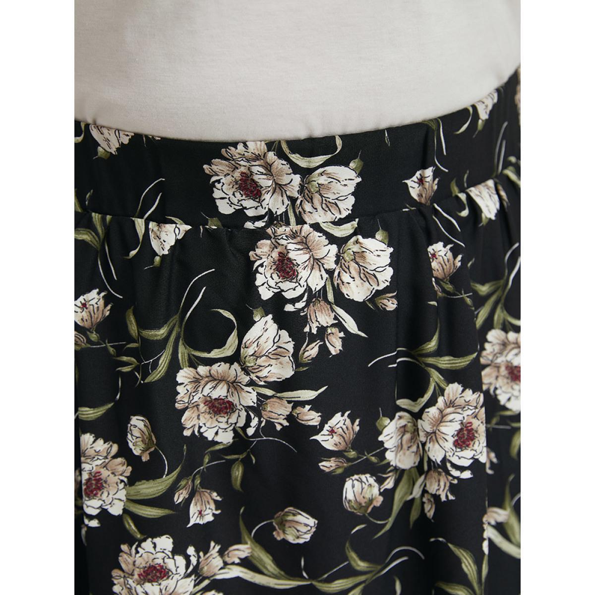 Plus Size Floral Print Pocket Elastic Waist Hanky Hem Skirt Women BlackFlower Elegant Printed No stretch Dailywear Skirts BloomChic 12/L Product Image