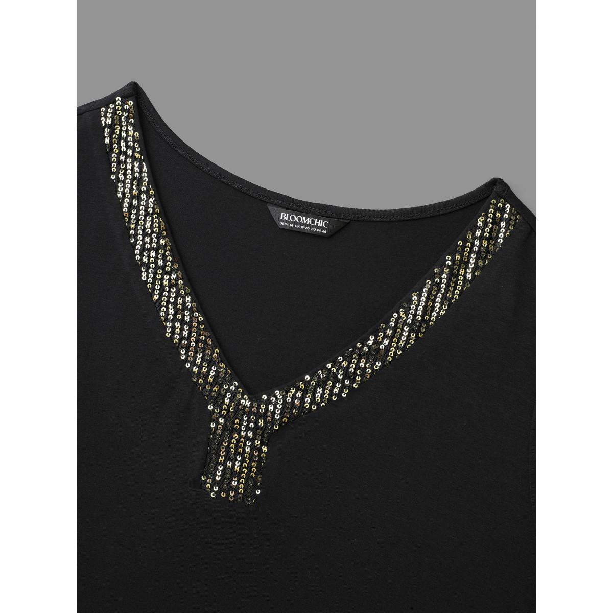 Plus Size Supersoft Essentials Sequin V-Neck T-shirt Black Women Elegant Patchwork V-neck Everyday T-shirts BloomChic 28/5X Product Image