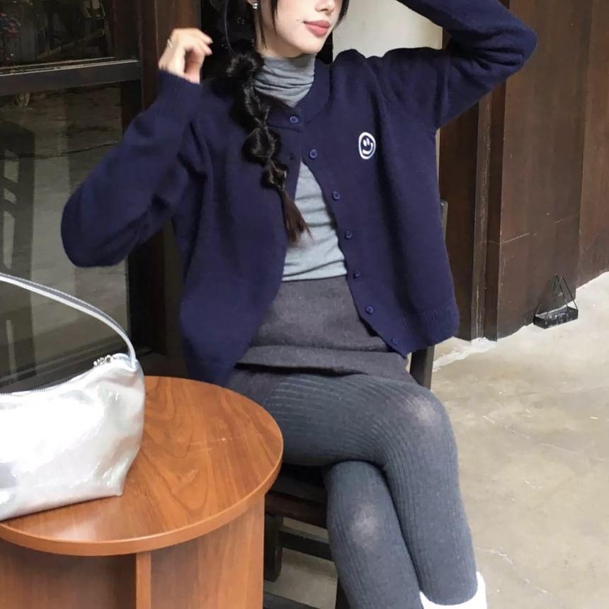 Crew Neck Smiley Face Embroidered Cardigan Product Image
