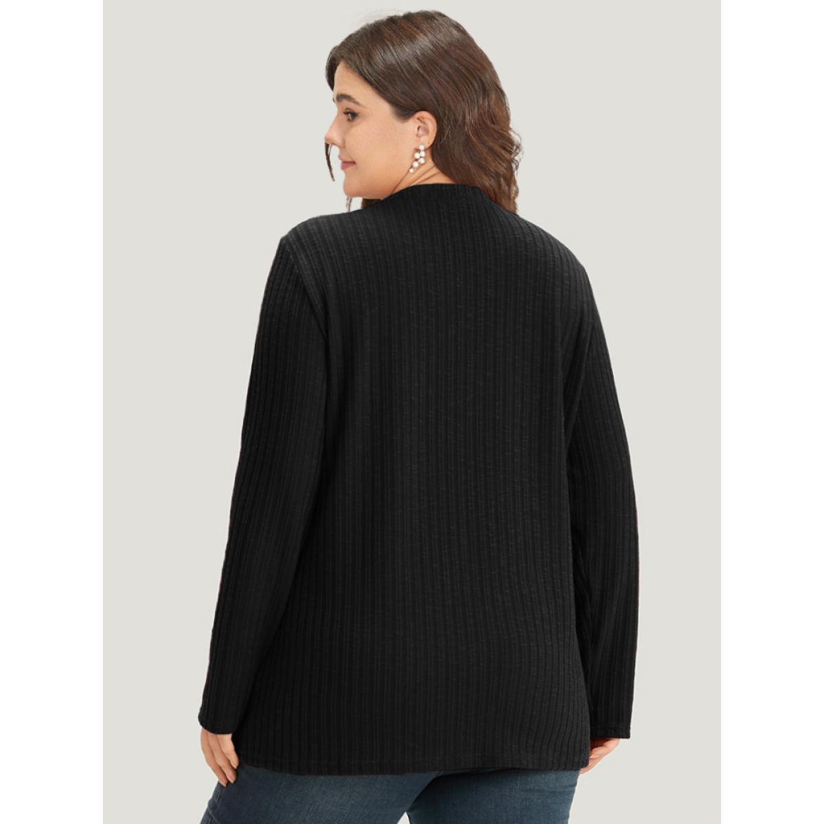 Plus Size Rib Knit Button Detail Split Side T-shirt Black Women Casual Texture Plain Round Neck Dailywear T-shirts BloomChic 26/4X Product Image
