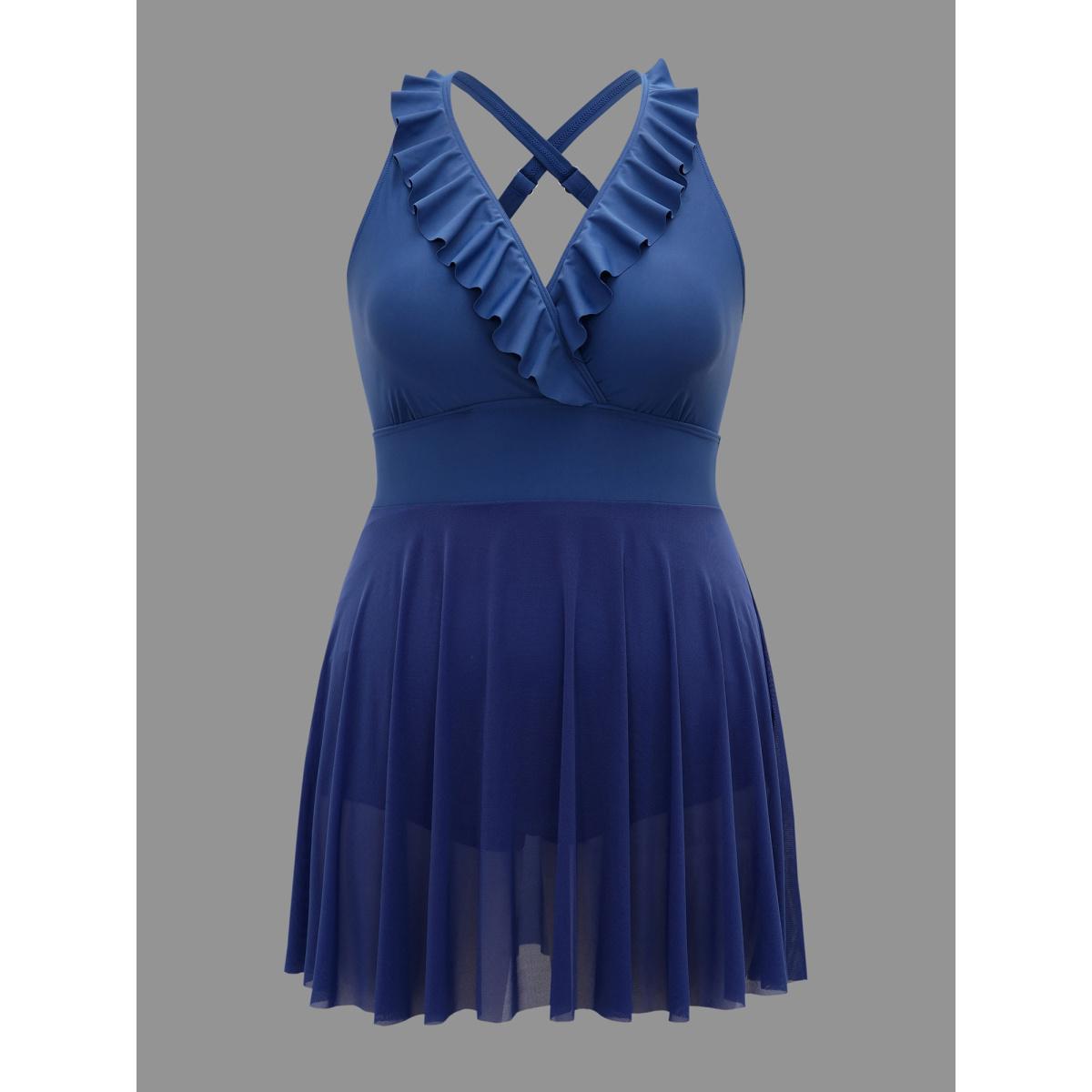 Plus Size Ruffle Trim Patchwork Mesh Swim Dress Women's Swimwear Mediumblue Beach Bodycon Overlap Collar High stretch Curve Swim Dresses BloomChic 28/5X Product Image