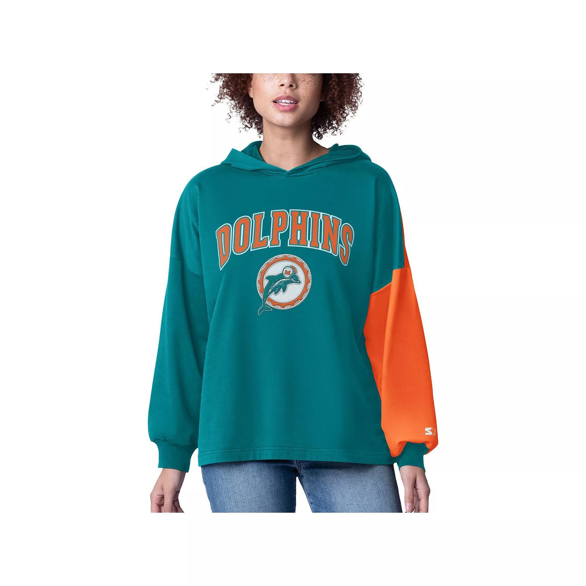 Women's Starter Aqua Miami Dolphins Power Move Long Sleeve Pullover Hoodie, Size: Large, Turquoise A Product Image