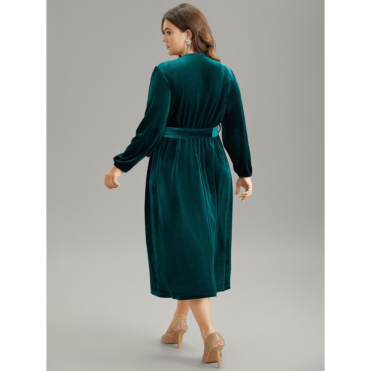 Plus Size Solid Velvet Belted Wrap Arc Hem Dress Cyan Women Elegant Elastic cuffs Overlap Collar Long Sleeve Curvy Midi Dress BloomChic 22-24/3X Product Image
