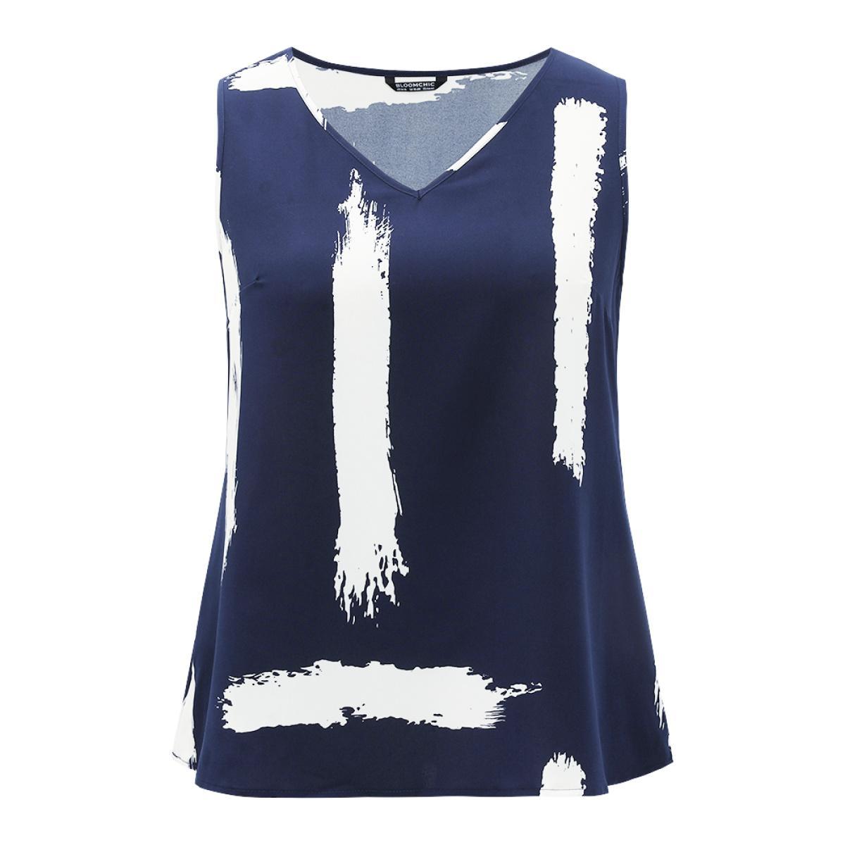 Plus Size Brush Print V Neck Tank Top Women Navy Casual V-neck Dailywear Tank Tops Camis BloomChic 22-24/3X Product Image