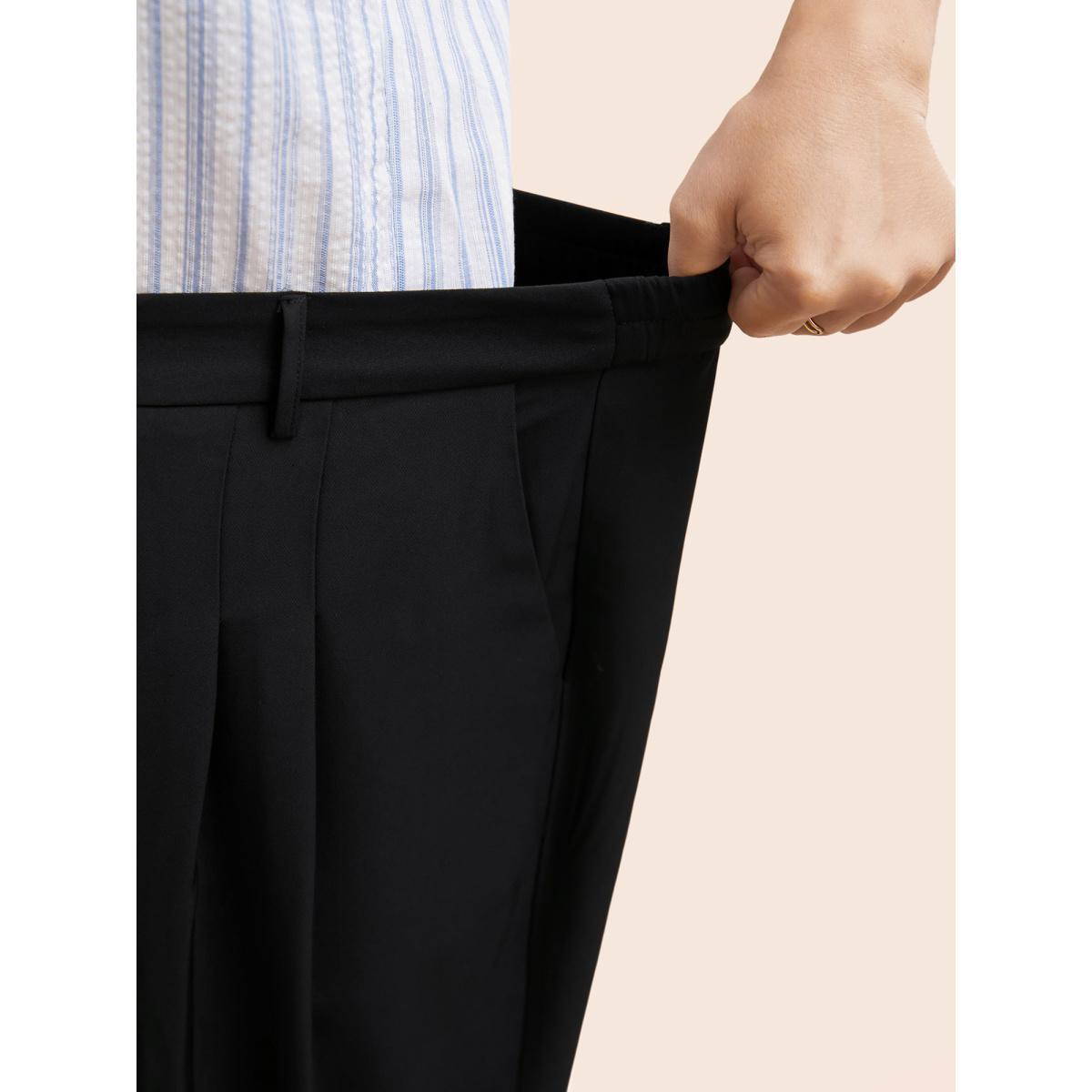 Plus Size Stretch Woven Pleated Elastic Waist Pants Women Black At the Office Wide Leg Mid Rise Work Pants BloomChic 30/6X Product Image