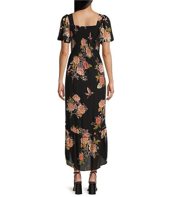 Angie Multi Floral Print V-Neck Short Sleeve Knot Front Keyhole Front Slit Maxi Dress Product Image