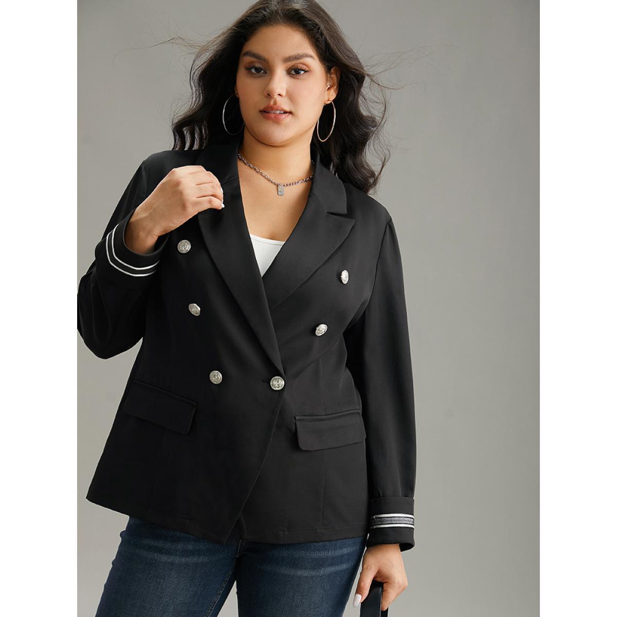 Plus Size Suit Collar Metal Detail Patchwork Blazer Black Women Work Plain Patchwork Sleeve Long Sleeve Suit Collar 22-24/3X Office Blazers BloomChic Product Image