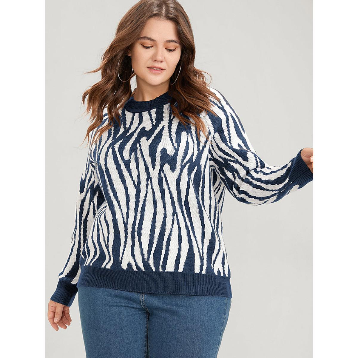 Plus Size Zebra Print Pointelle Knit Raglan Sleeve Jacquard Knit Top Midnight Women Casual Long Sleeve Round Neck Everyday Pullovers BloomChic 22-24/3X Product Image