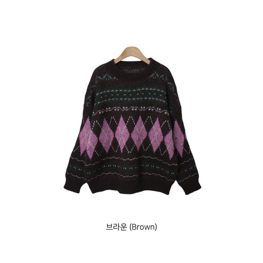 Round Neck Argyle Sweater Product Image