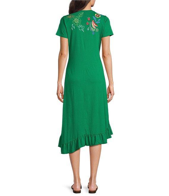 JOHNNY WAS Embroidered Floral Cotton Knit Crew Neck Short Sleeve Asymmetrical Ruffle Hem Dress Product Image