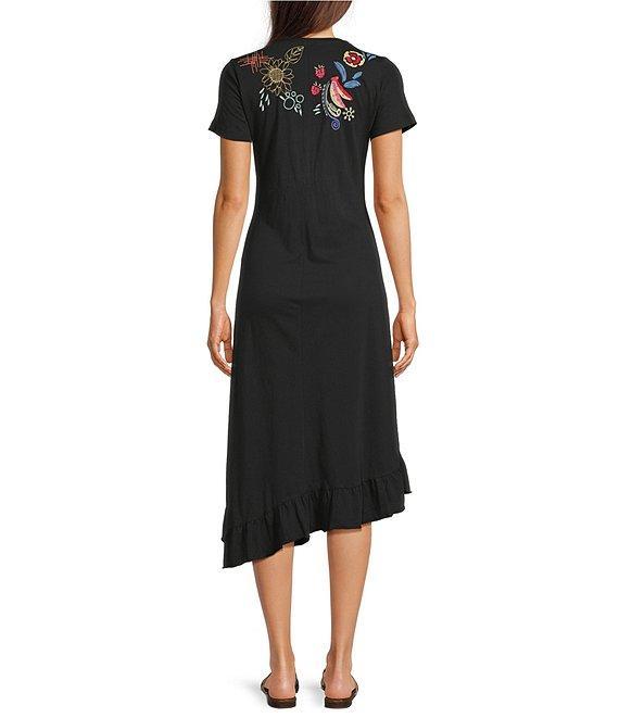 JOHNNY WAS Cora Embroidered Floral Knit Crew Neck Short Sleeve Asymmetrical Ruffle Hem Dress Product Image