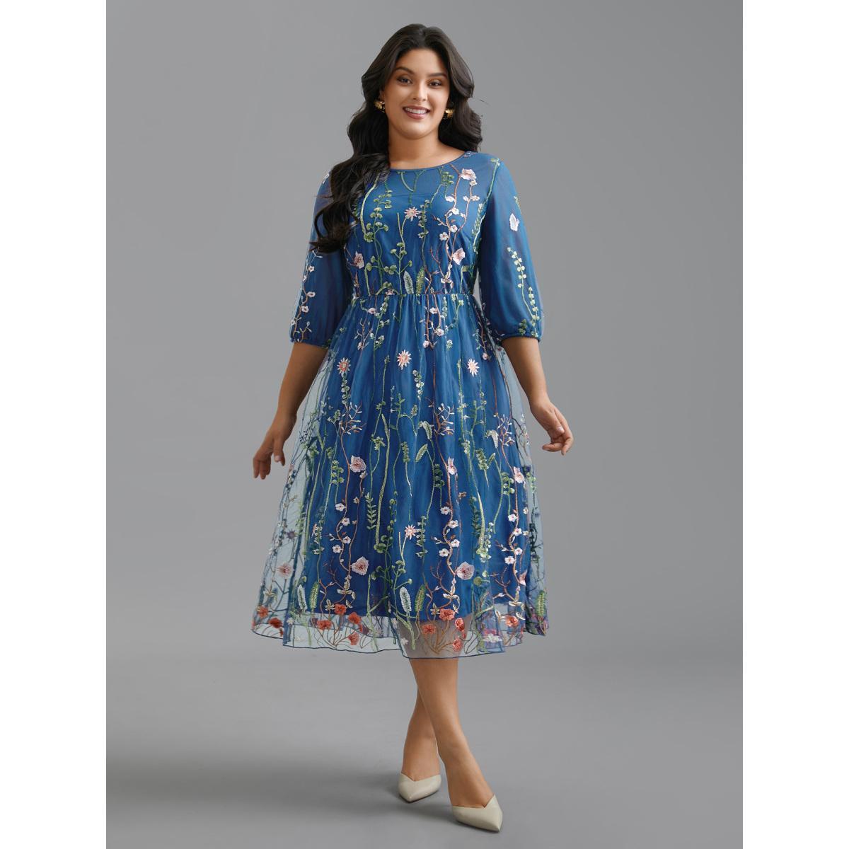 Plus Size Floral Embroidered Elastic Waist Lined Midi Dress Mediumblue Women Cocktail Texture Party Curvy Bloomchic 28/5X Product Image