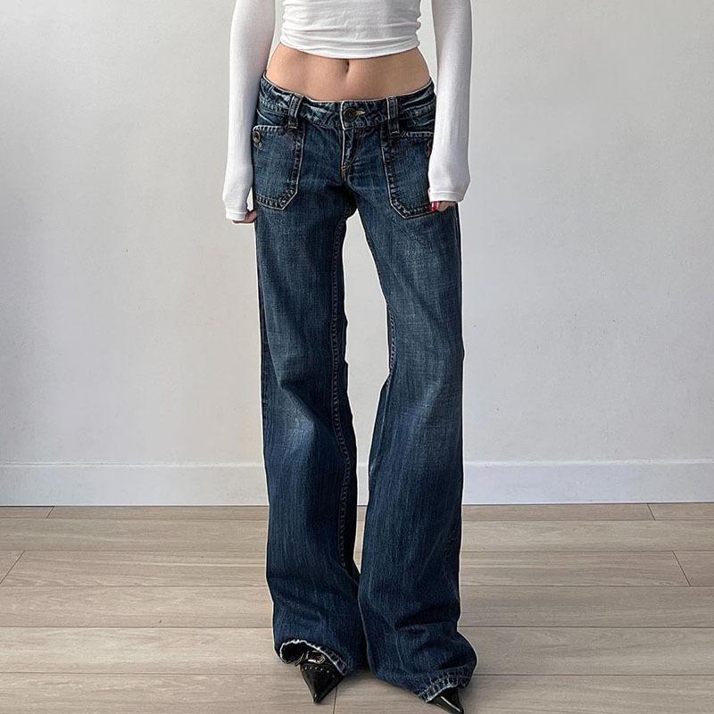 Low Waist Washed Straight-Fit Wide-Leg Jeans Product Image