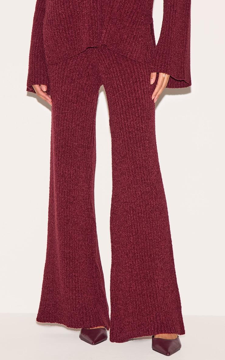 Burgundy Rib Boucle Knit Wide Leg Pants Product Image