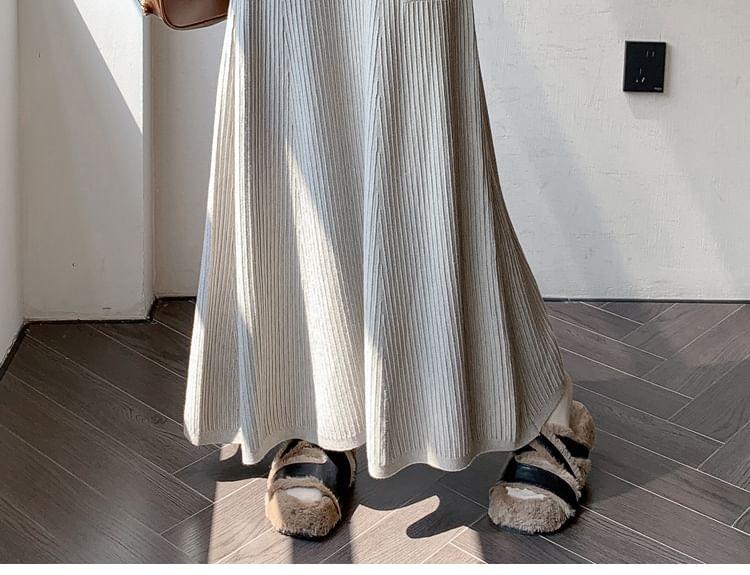 High Waist Plain Knit Maxi A-Line Skirt Product Image