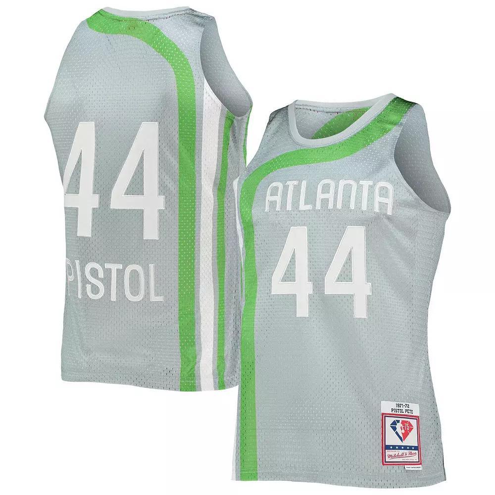 Men's Mitchell & Ness Pete Maravich Silver Atlanta Hawks 75th Anniversary 1971-72 Hardwood Classics Swingman Jersey, Size: Medium Product Image