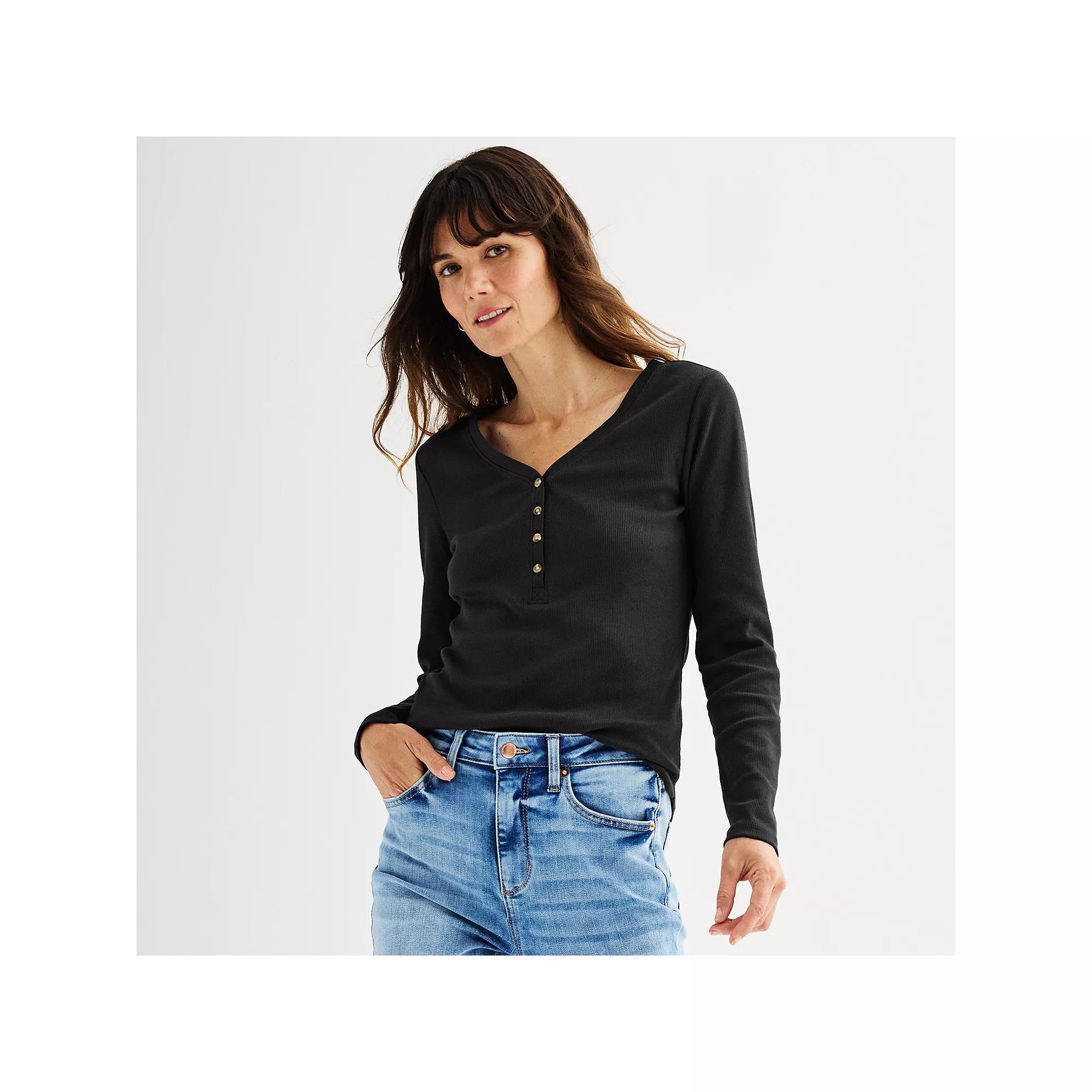 Women's Sonoma Goods For Life® Rib Long Sleeve Henley, Size: Medium, Peanut White Product Image